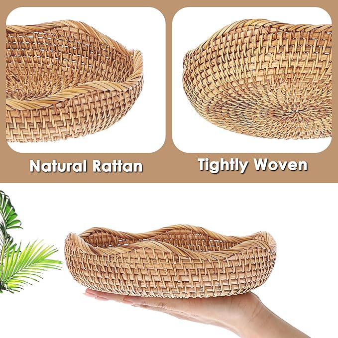 Hipiwe Natural Rattan Tray 8.5" Wicker Storage Bowls Hand Woven Basket Tray for Bread Fruit Key Round Fruit Baskets for Kitchen Entryway Tabletop Decorative Baskets Bowl
