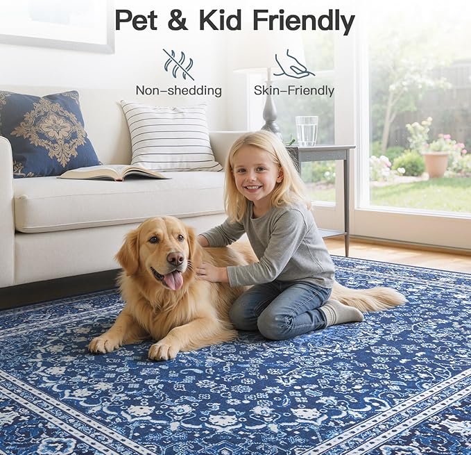 Lofus 9x12 Area Rugs for Living Room, Machine Washable Non-Slip Area Rug, Low Pile Large Rugs for Bedroom, Kitchen, Dining Room, Home Office, Vintage Oriental Print Rug, Dark Blue with White