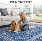 Lofus 6x9 Area Rugs for Living Room, Machine Washable Non-Slip Area Rug, Low Pile Large Rugs for Bedroom, Kitchen, Dining Room, Home Office, Vintage Oriental Print Rug, Dark Blue with White
