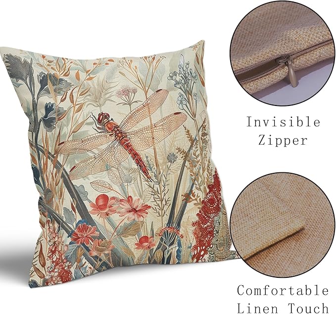 Kawani Summer Dragonfly Pillow Covers 18X18 Inch Red Floral Flower Botanical Nature Decorative Pillow Cases Set of 2 Vintage Farmhouse Throw Pillows for Cushion Sofa Couch Outdoor