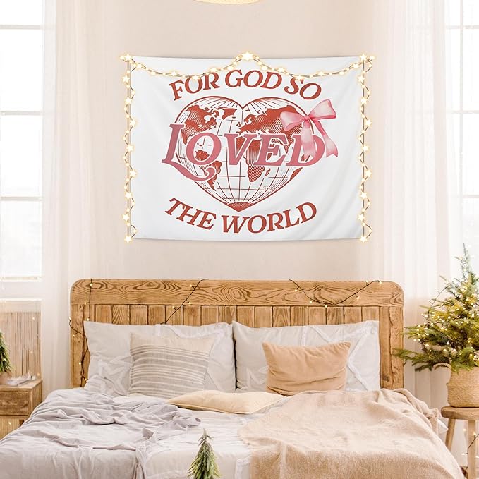 AQYIP Pink Christian Tapestry Wall Hanging, Coquette Pink Bow for God so Loved the World Christian Tapestry Decorative, Bible Verse Wall Blanket Decor for Girls Dorm Apartment Bedroom, 50x60 Inch