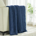 Exclusivo Mezcla Knit Throw Blanket with Fringes for Couch, Reversible Super Soft and Warm Woven Boho Throw for All Season, Home Decor, 50"x60", Navy Blue