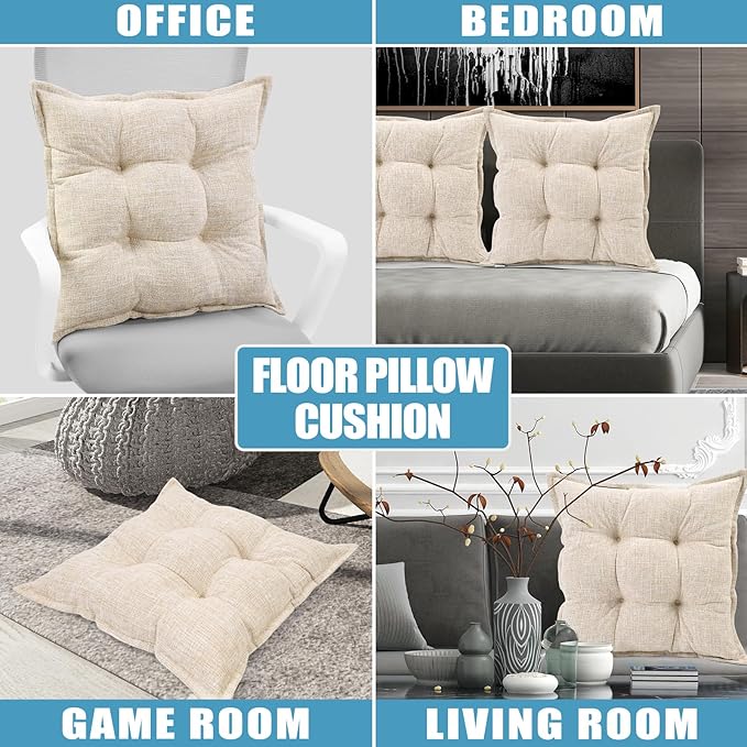SINSOSSO Large Floor Pillows 22", Thickened Bite-Size Memory Foam Square Non-Slip Cushions for Office Back Support/Yoga/Chair Seat, Fashionable Color-Blocked Fabric & Washable, Beige, 2 PCS