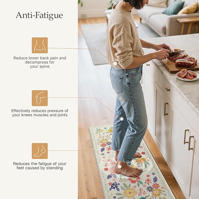 GENIMO Kitchen Mats for Floor 2PCS, Cushioned Kitchen Rugs Non Slip Washable, Farmhouse Anti Fatigue Mat Waterproof, Comfort Standing Mat Rug for Office, Home, Laundry, 17.3"x59"+17.3"x30", SoftWhite