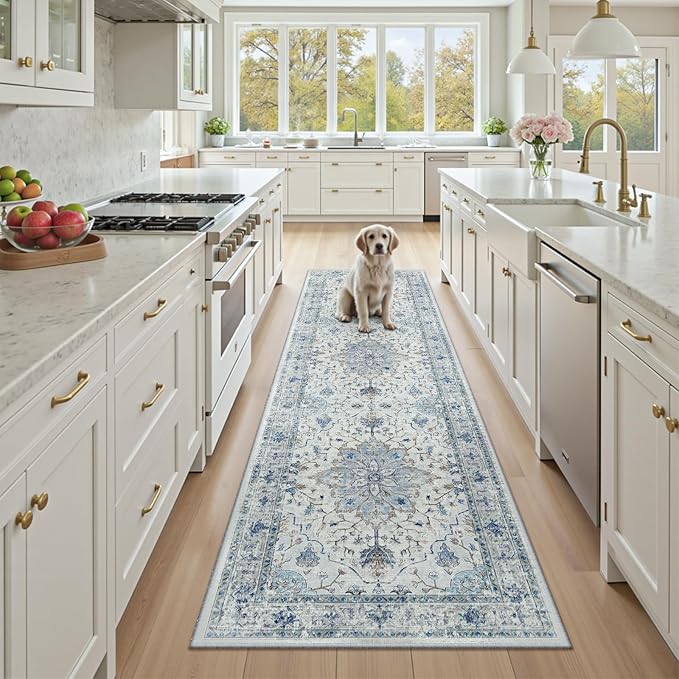 Area Rugs 2'6''x8' Runner Rug Non Slip Washable for Kitchen Hallway Bedroom Beside Laundry Room Bathroom Rug, Floor Carpet, Light Blue Navy Beige Gray White