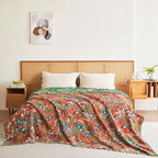 Boho Throw Blanket - 90"x90" 100% Cotton Ultra Soft Lightweight Spring Blanket, 4-Layer Breathable Muslin Blankets for Bed Couch, Reversible Green Floral Printed Bohemian Cotton Quilt