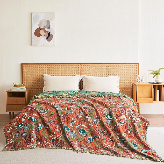 Boho Throw Blanket - 90"x108" 100% Cotton Ultra Soft Lightweight Spring Blanket, 4-Layer Breathable Muslin Blankets for Bed Couch, Reversible Green Floral Printed Bohemian Cotton Quilt