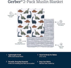Gerber Baby Unisex 2-Pack Muslin Blanket, Dino Time, One Size