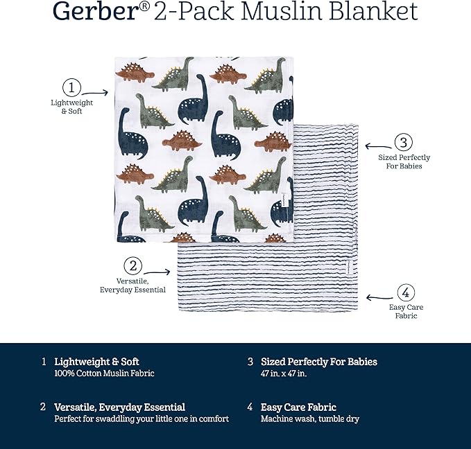 Gerber Baby Unisex 2-Pack Muslin Blanket, Dino Time, One Size