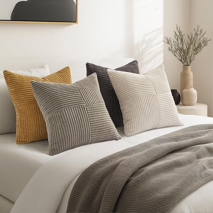 Topfinel Fall Vintage Brown Pillow Covers Set of 4,Velvet Gold Brown Cushion Covers with Corduroy,Soft Accent Pillowcases for Couch,Bed,Living Room and Outdoor Home Decor 24×24 Inch