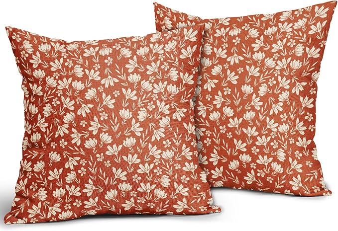 Burnt Orange Pillow Covers 18x18 Set of 2 Vintage Floral Rustic Old Style Cute Flower Print Decorative Outdoor Pillowcases Seasonal Farmhouse Throw Cushion Case Decor for Couch Sofa Bed