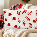 Whaline 2 Pcs Christmas Tufted Throw Pillow Covers Xmas Red White Candy Santa Hat Pillowcase Winter Pillowslip Cushion Cover for Sofa Couch Bed Home Party Decor, 18 x 18 Inch
