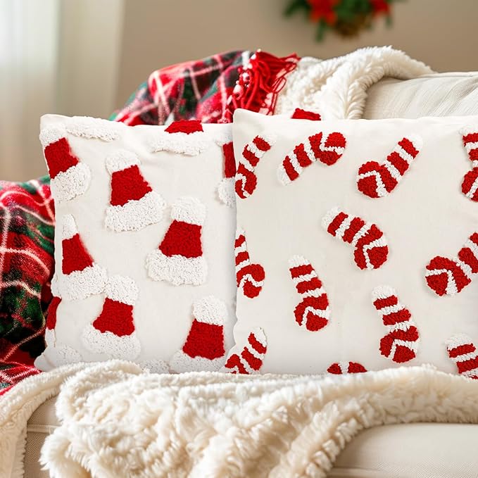 Whaline 2 Pcs Christmas Tufted Throw Pillow Covers Xmas Red White Candy Santa Hat Pillowcase Winter Pillowslip Cushion Cover for Sofa Couch Bed Home Party Decor, 18 x 18 Inch