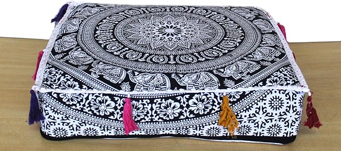 ICC Large Square Cotton Mandala Cushion Cover Hippie Ottoman Pouf Cover Daybed Floor Pillow Cover with Heavy Duty Zipper Seating Ottoman Poufs Dog-Pets Bed (Black & White Flower, 18" Square)