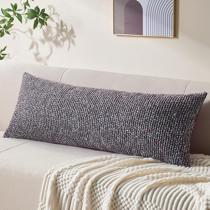 Decorative Lumbar Pillow Cover 14x36 Purple Striped Wool Long Body Pillow Neutral Textured Boho Lumbar Throw Pillow Cushion Covers for Modern Farmhouse Sofa Bed Living Room Decor SY011-E14