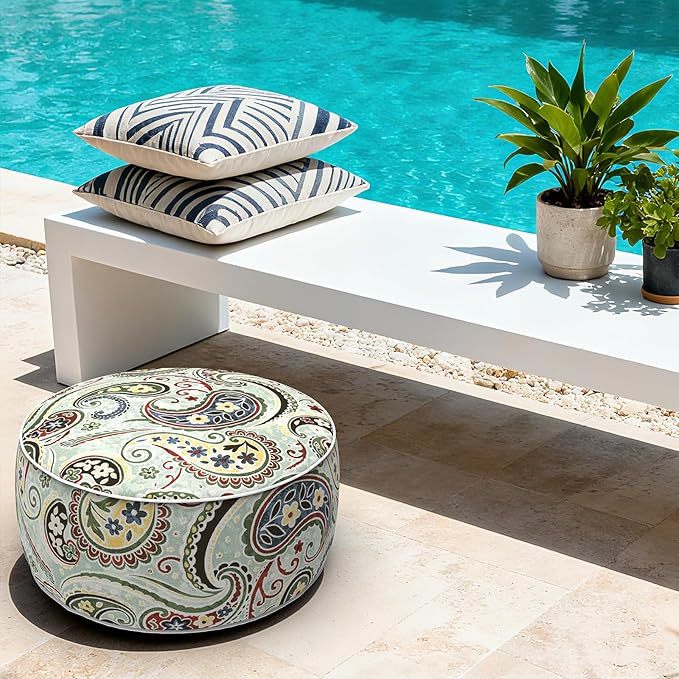 LVTXIII Indoor/Outdoor Inflatable Ottoman with Handle D21 x H9 Inch, Weather-Resistant Round Footstool Pouf for Patio Camping Living Room, Portable Footrest Extra Seating, Paisley Light Cyan