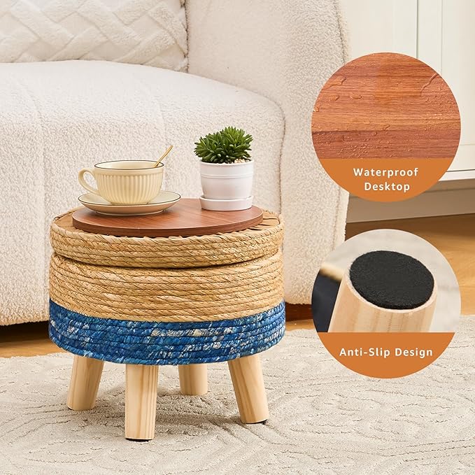 Cpintltr Storage Ottoman Poufs Handwoven Footstool Natural Seagrass Round Footrest Stool with 4 Wood Legs Soft Padded Outdoor Seat for Hallway Lounge Bedroom Garden