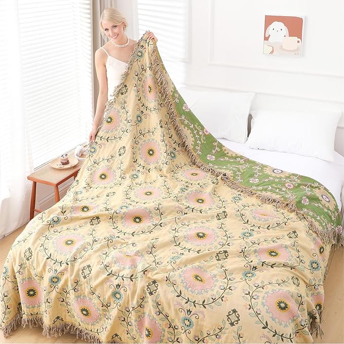 Snycler Boho Throw Blanket 91"x98" - 100% Cotton Ultra Soft Rustic Quilt, Green Floral Printed Farmhouse Decor for Bed, Sofa, Couch, Chair - All Season Cozy Blanket