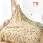 Snycler Boho Throw Blanket 80"x90" - 100% Cotton Ultra Soft Rustic Quilt, Green Floral Printed Farmhouse Decor for Bed, Sofa, Couch, Chair - All Season Cozy Blanket