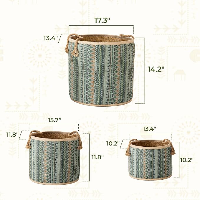 Set of 3 Handwoven Sedge Grass Baskets with Turquoise Brocade Cover – Decorative Woven Storage Baskets for Laundry, Toys & Blankets – Natural Wicker Hampers for Home & Bedroom Decor