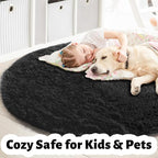 Black Round Rug 4Ft for Bedroom, Fluffy Circle Area Rugs for Living Room Decor Aesthetic, Shaggy Furry Circular Floor Carpet for Office Playroom Nursery Classroom, Modern Baby Kids Teen Boys Mens Rug