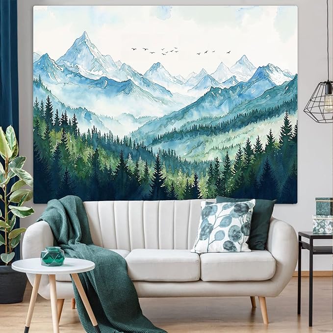 Accnicc Nature Forest Mountain Tapestry Green Misty Pine Tree Wall Tapestry for Bedroom Aesthetic Watercolor Woods Landscape Small Tapestries Wall Hanging for Living Room Dorm Decor 48 x 36 Inch