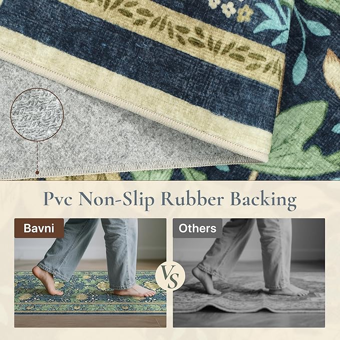 Bavni 2'6''x10 Runner Rug,Microfiber Washable Non-Slip Vintage Floral Rugs,Low Pile Lightweight Carpet for Bedroom,Hallway,Entryway,Kitchen,Bathroom, Tea Green/Blue