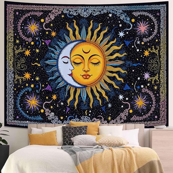 Spenlife Sun and Moon Tapestry, Celestial Couple Tapestries for Bedroom, Aesthetic Wall Decor, Starry Tapestries (80" x 60")
