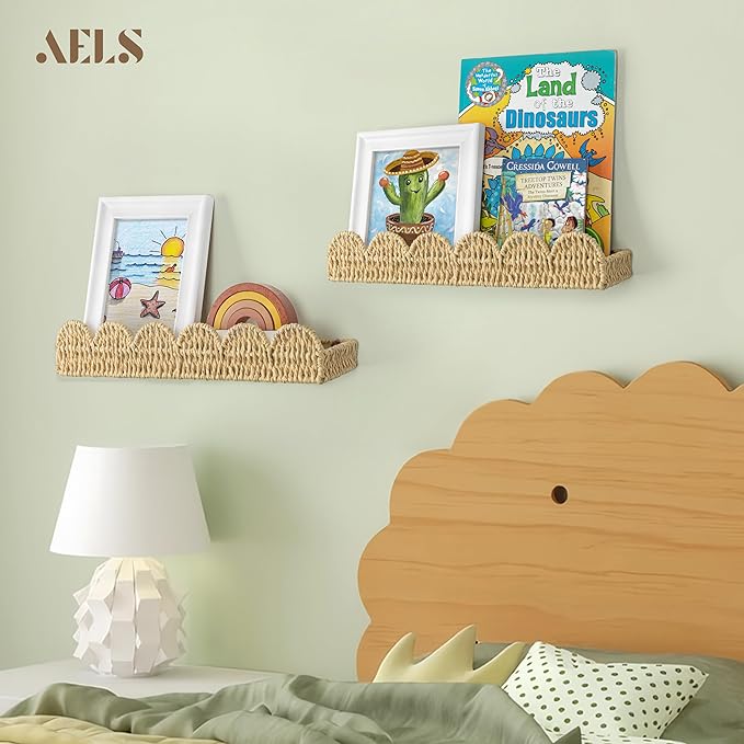 AELS Scalloped Nursery Bookshelf, Set of 2, Picture Ledge Shelf for Wall Decor, Woven Straw Paper Floating Shelves for Books, Toys, Photo Frames, Nursery, Boho Modern Farmhouse Book Shelf, Beige