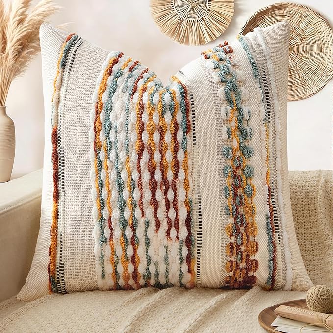 ANRODUO Pack of 1 Boho Decorative Throw Pillow Covers 18x18 Farmhouse Cushion Case Striped Chenille Pillow Cases Square Pillow Covers Accent Neutral Pillowcase for Sofa Couch Bed,Brown Stripe