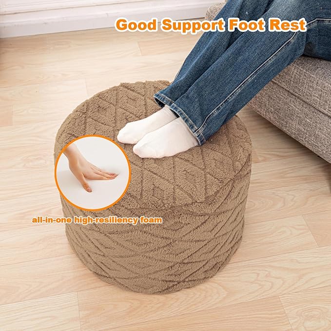 Fluffy Round Ottoman Pouf with All-in-One Foam Filling 20" x 14" Furry Ottoman Foot Rest Foot Stool for Living Room or Bedroom (Light Coffee)