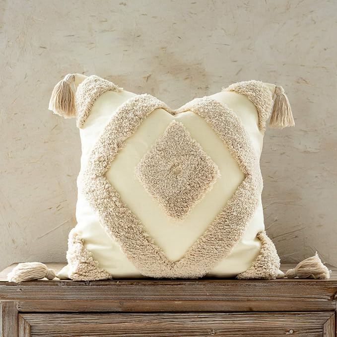 Snugtown Woven Tufted Boho Throw Pillow Cover Set of 2, Modern Decorative Geometric Diamond Chevron Cushion with Tassels, Farmhouse Tribal Pillowcase, 18 x 18 Inches, Ivory