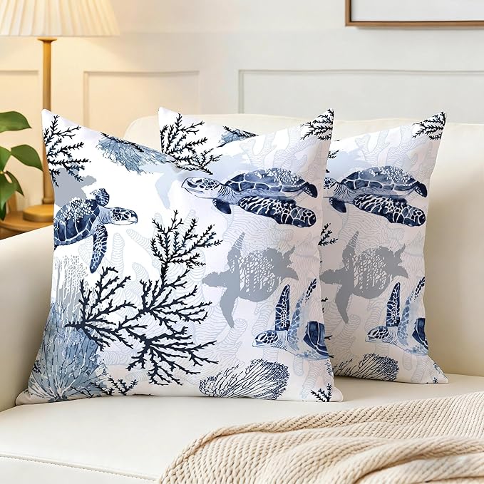 Cute Nautical Blue Pillow Covers Set of 2, Coastal Beach Themed Coral Sea Turtle Navy Decorative Throw Pillows Cases Cushion Cover for Couch Sofa Bedroom Living Room Car, Home Decor, 18x18 Inch, Blue