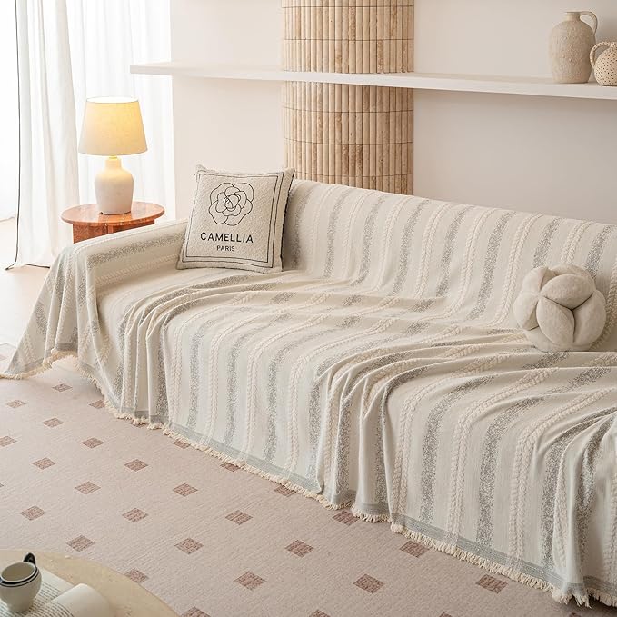 VClife Chenille Sofa Cover Bohemian Striped Pattern Couch Cover for Oversized Sofa - Cream and Gray Textured Sofa Slipcover Washable Furniture Protector for Couch Decorative Couch Cushion Cover