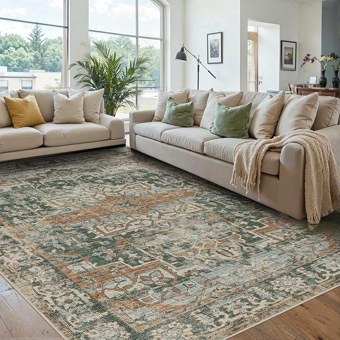 6x9 Area Rugs for Living Room Bedroom, Large Washable Rug, Green Vintage Floral Boho Style, Non Slip & Low Pile Carpet for Indoor Dining Room, Dorm and Kids Room(Green 6x9ft)