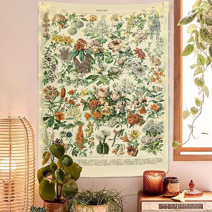 Vintage Flowers Tapestry 48”x36”, Long Vertical Wall Hanging Reference Illustrative Botanical Tapestries for Bedroom Aesthetic Floral Tapistry Botanical Plants Tapestry Wall Hanging Cute Bedroom Decor
