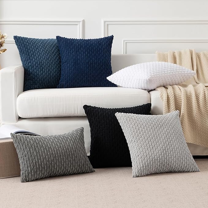 Kevin Textile 12x24 Inch Pillow Cover 1 Pack Boho Decorative Soft Striped Corduroy Lumbar Farmhouse Color Accent Rectangle Cushion Case for Living Room Couch Sofa Bed, Navy Blue