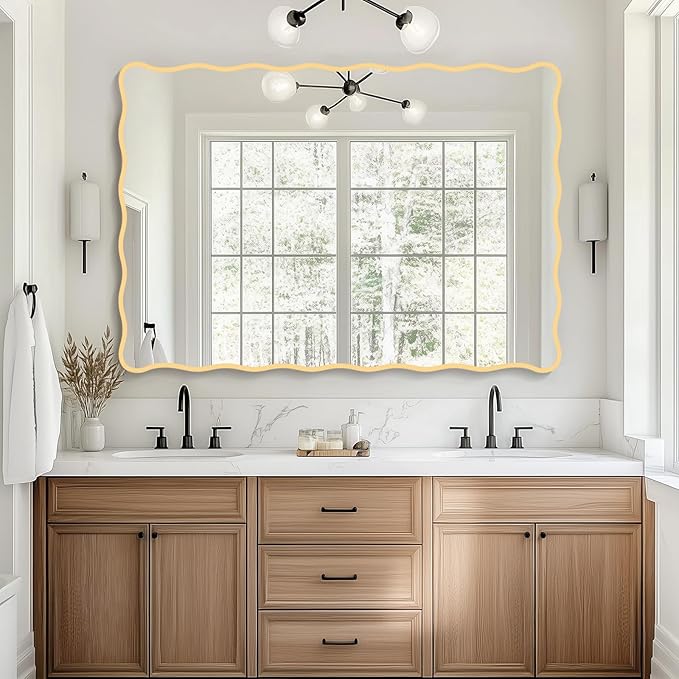 Gold Wavy Bathroom Mirror 28" x 40" Rectangle Scalloped Mirror for Wall Decor, Bathroom Vanity, Bedroom, Living Room, Entryway