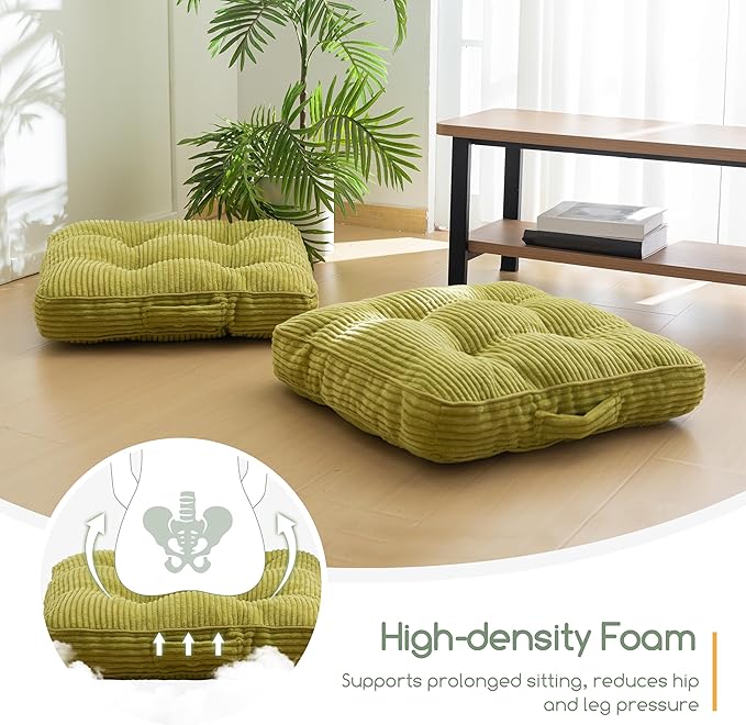 HIGOGOGO Floor Pillow Cushion for Adults, Meditation Cushion Pillow, Large Square Floor Sitting, Tufted Corduroy Cover, for Tatami Living Room or Yoga, 22x22 Inch, 2Pack, Green