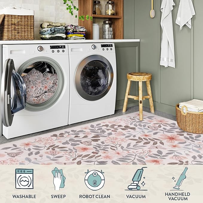 Lahome Reverie Apricot Girls Nursery Decor Rug 5x7, Fall Floral Boho Bedroom Carpet, Washable Soft Low Pile Area Rugs for Kids Room, Dorm Room Essentials, Reading Nook