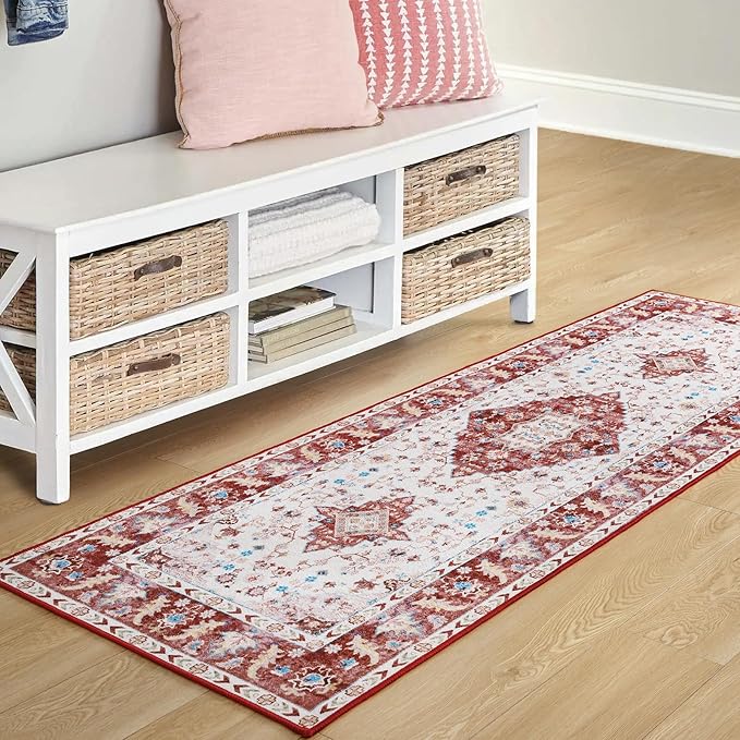 Amearea Vintage Design Runner Rugs for Living Room, 2x6 Machine Washable Floral Collection Traditional Bedroom Rug, Low Pile Cute Kids Room Print Carpet, No Slip Office Kitchen Home Decor, Red