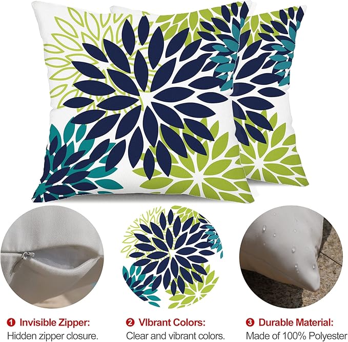 DFXSZ Navy Blue Flower Pillow Covers 16x16 Inch Set of 2 White Gray Colored Throw Pillows Outdoor Waterproof Decor for Living Room Sofa Patio Funiture Garden Floral Polyester Pillow Covers 002P16