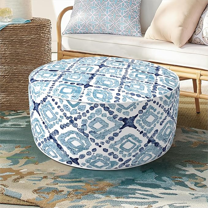 Inflatable Ottoman Stool D21 xH9 for Outdoor/Indoor Use, Water Repellent Patio Foot Rest with Portable Handle,Round Pouf Ottoman Suitable for Garden,Deck and Camping - Geometry Blue