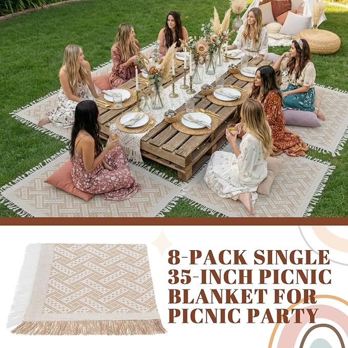 8 Pcs Outdoor Picnic Blanket 35"x35" Boho Blanket Woven Cotton Yarn Portable Mat Plaid with Fringe Washable for Picnic Party Camping Beach Travel Lawn Indoor Bohemia Decor (Beige)