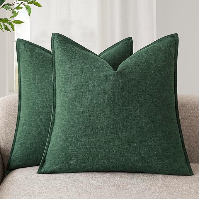 Foindtower Set of 2, Decorative Linen Soild Throw Pillow Covers Soft Accent Euro Cushion Case Farmhouse Neutral Pillowcase for Chair Couch Sofa Bedroom Living Room Home Decor 18 x 18 Inch Pine Green