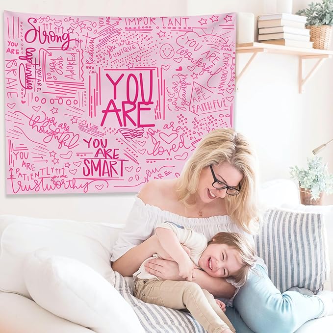 KJHL Quote You Are Wall Tapestry Pink Inspirational Classroom Kids Tapestries Wall Hanging Motivational Positive Affirmations Saying Aesthetic Tapestry for Bedroom Dorm