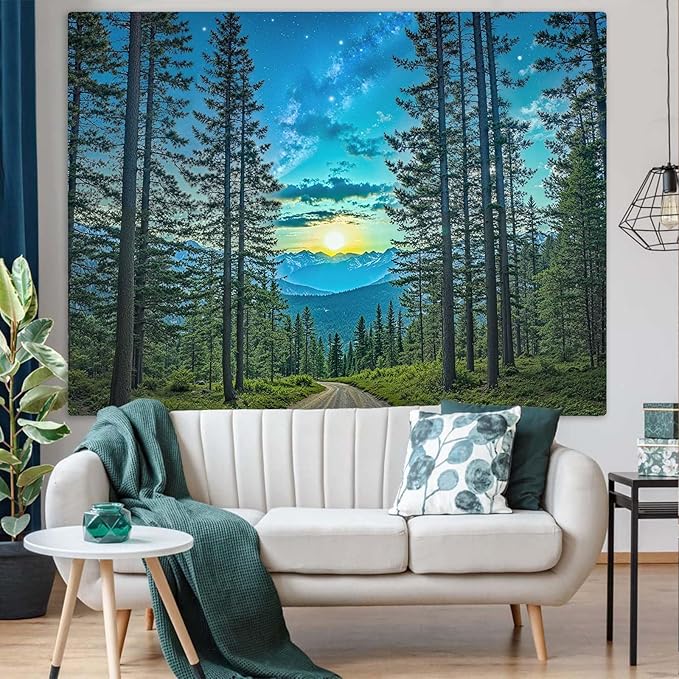 Accnicc Forest Road Tapestry Green Nature Pine Tree Wall Tapestry for Bedroom Aesthetic Starry Mountain Outdoor Landscape Small Tapestries Wall Hanging for Dorm Living Room Decor 48 x 36 Inch