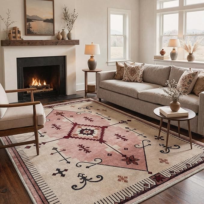 GENIMO Area Rug 2x3 Doormat, Machine Washable Low Pile Rugs, Small Retro Chenille Entryway Mat for Entrance, Hallway, Kitchen and Corridor, Blush
