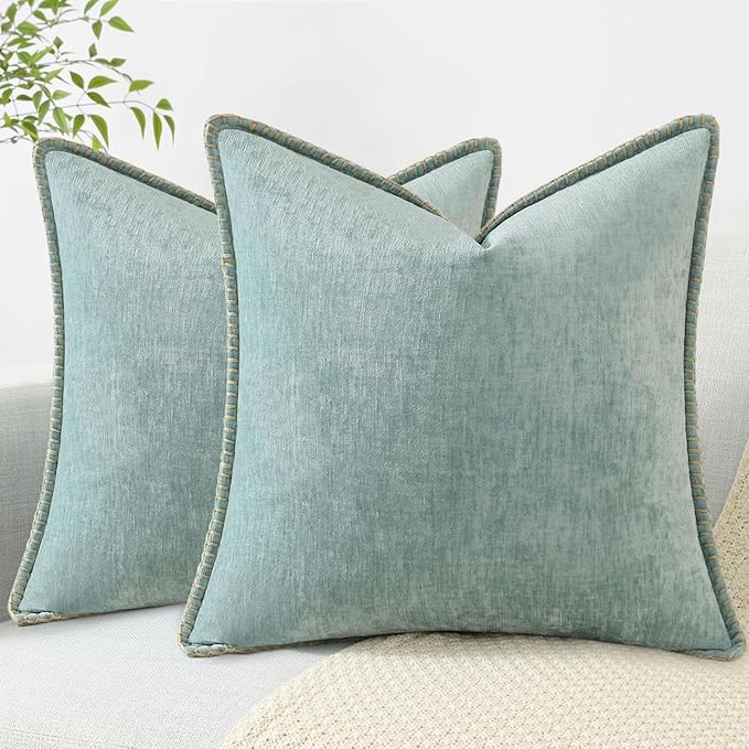 decorUhome Summer Chenille Soft Cozy Throw Pillow Covers 24x24 Set of 2, Modern Farmhouse Boho Velvet Decorative Euro Sham Pillow Cases with Stitched Edge for Couch Sofa Bed Home Decor, Aqua Haze