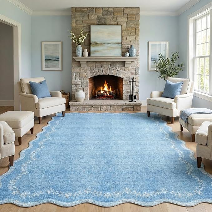 GarveeHome 6x9 Scalloped Area Rug Blue Washable Rugs for Living Room Bedroom, Soft Low Pile Non Slip Accent Floor Mat Solid Floral Print Throw Rug Farmhouse Indoor Carpet for Dorm Playroom